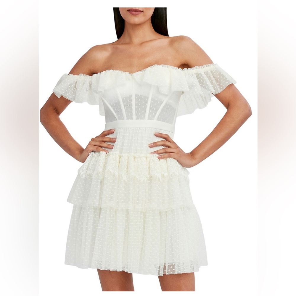 BCBGMAXAZRIA off the shoulder corset tulle minidress